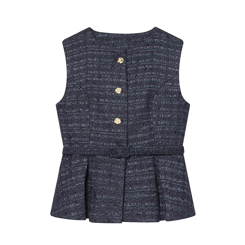 Chique moda textura colete mulher cinto coletes para mulheres sem mangas jaqueta o pescoço streetwear colete vintage colheita topo ﻿