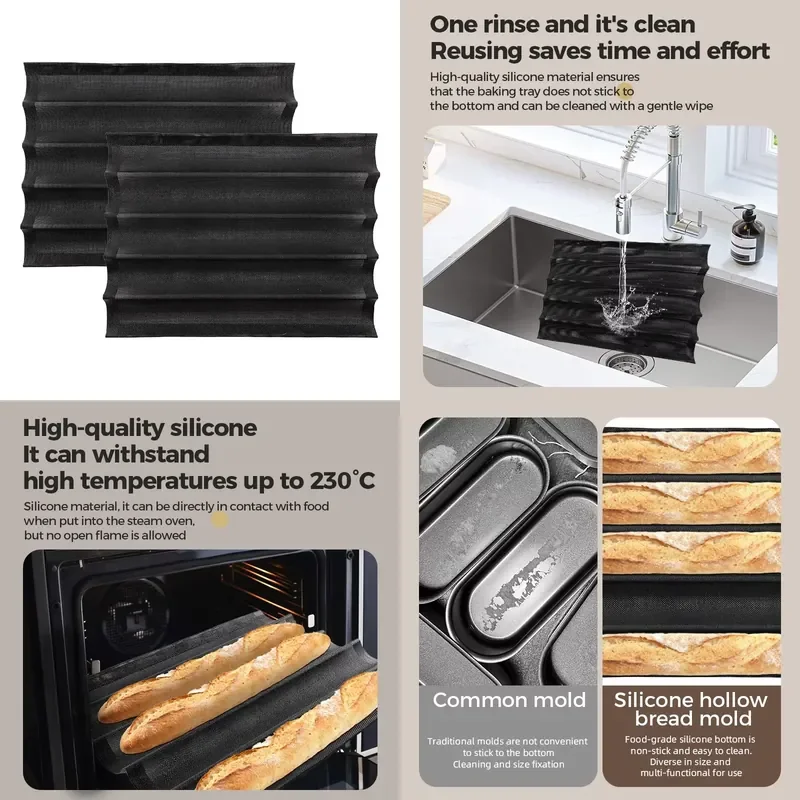 5 Pack Black Perforated Silicone Baguette Pan Customizable Dishwasher Safe Heat Resistant Non Stick Easy Demoulding
