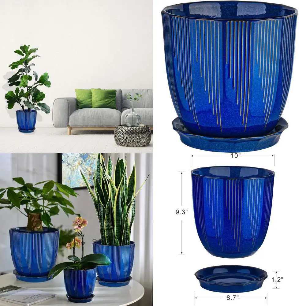 

Керамический цветочный горшок 10 дюймов с дренажем и поддоном, идеально подходит для комнатных и уличных растений, темно-синий