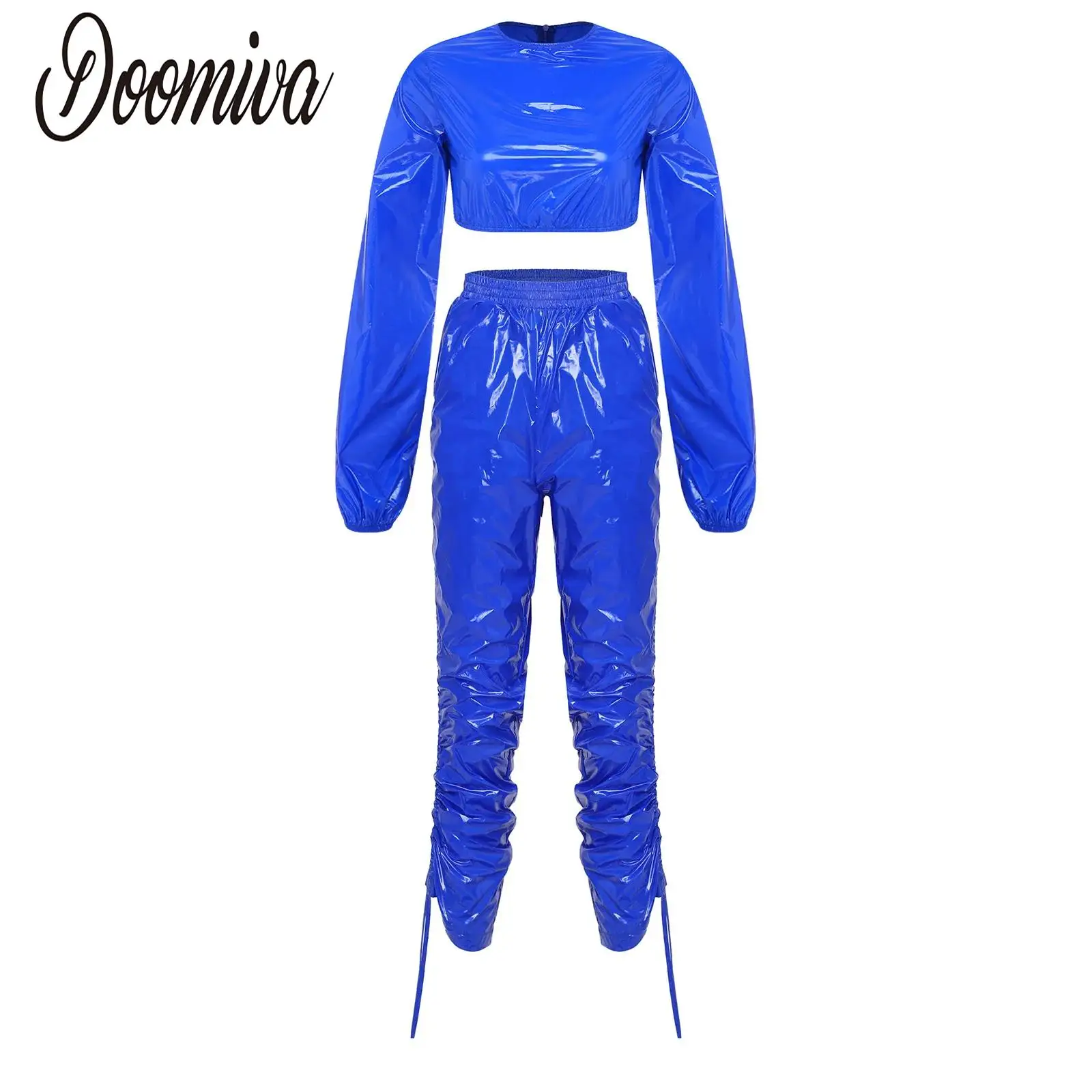 Women Vinyl Waterproof Sweat Suit Clubwear Crew Neck Long Sleeve Zipper Crop Top And Capri Pants with Drawstrings for Workout