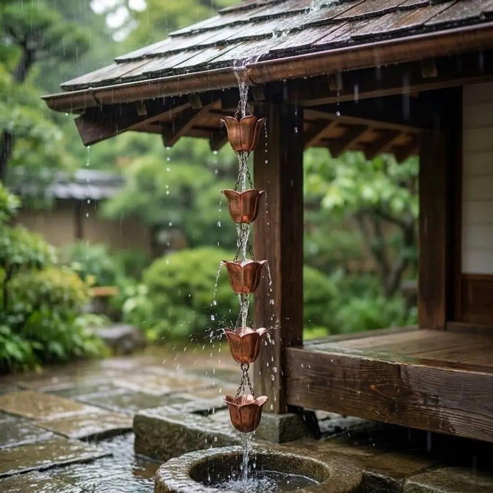 Japanese Style Metal Tulip Rain Chain 7 Cups Hanging Rain Chain for Gutters Flower-shaped Directs Water Rain Catcher Landscape