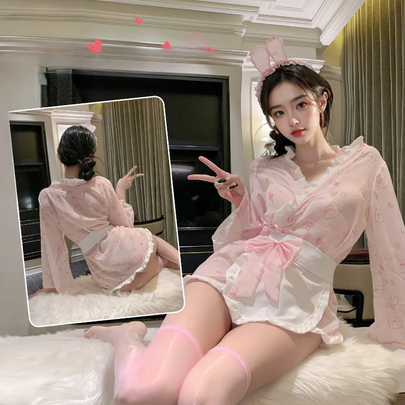 

Japanese Printed Kimono Bathrobe Cosplay Bunny Girl Bow Sexy Lingerie Uniform Temptation Kawaii Roleplay Rabbit Woman Nightgown