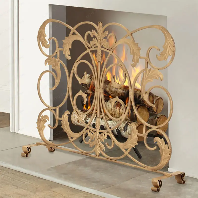 NEW European Hollow Carved Wrought Iron Fireplace Screen, Decorative Ornamental Frame for Living Room Interior