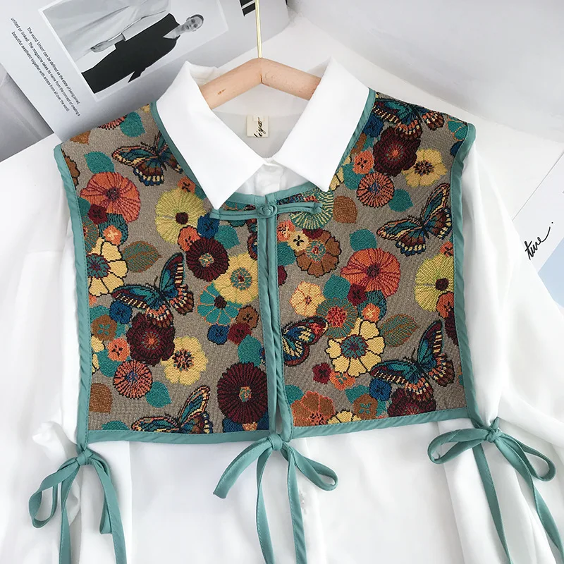 Women Chic Embroidered Shoulder Scarf Shawl Wrap Literary Fashion Floral Shirt Fake Collars Retro Vest Waistcoat Female Cape