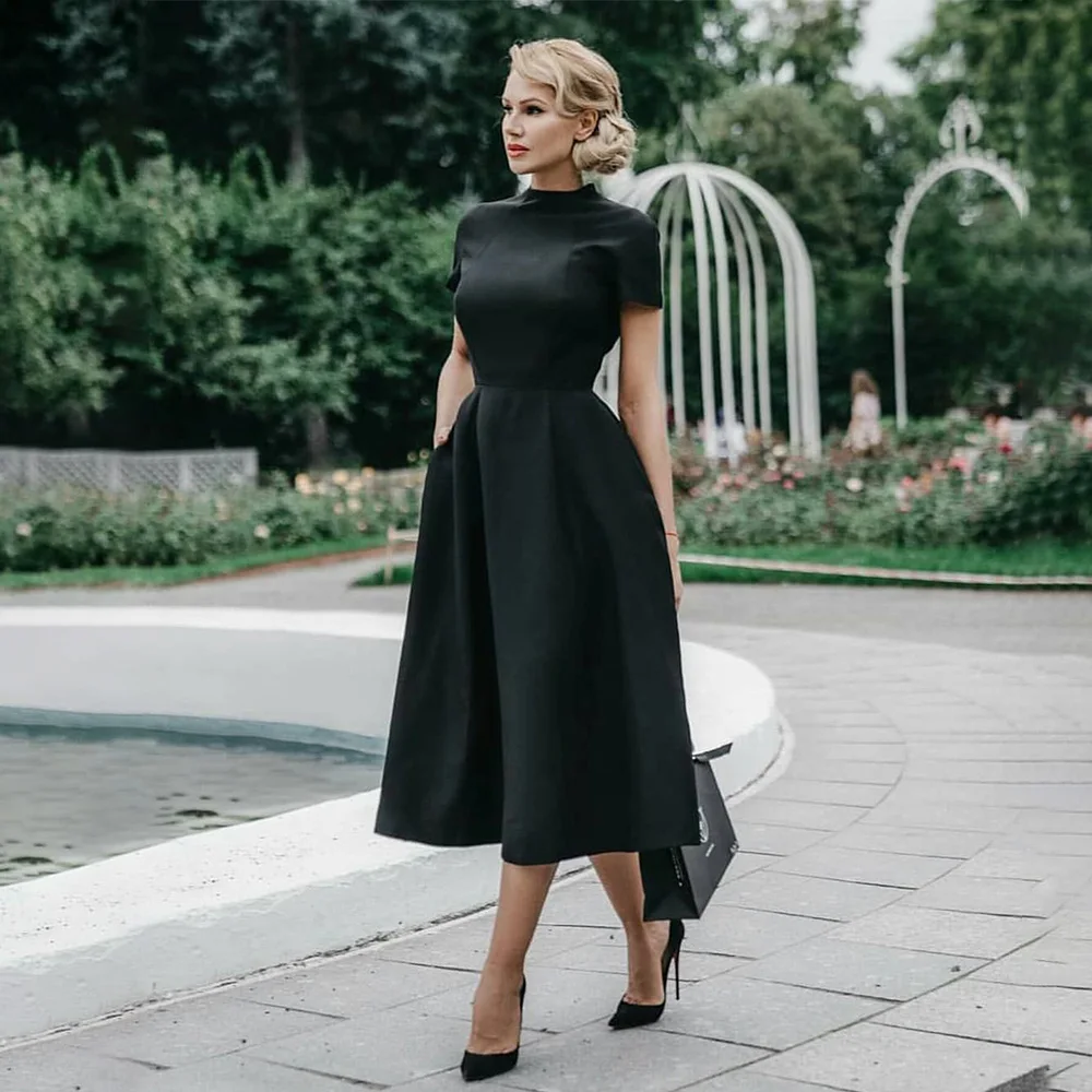 Women Elegant Black Dress Half High Collar High Waist A-Line Dresses Slim Fit Midi Dress Office Lady Female Solid Vestidos Robe