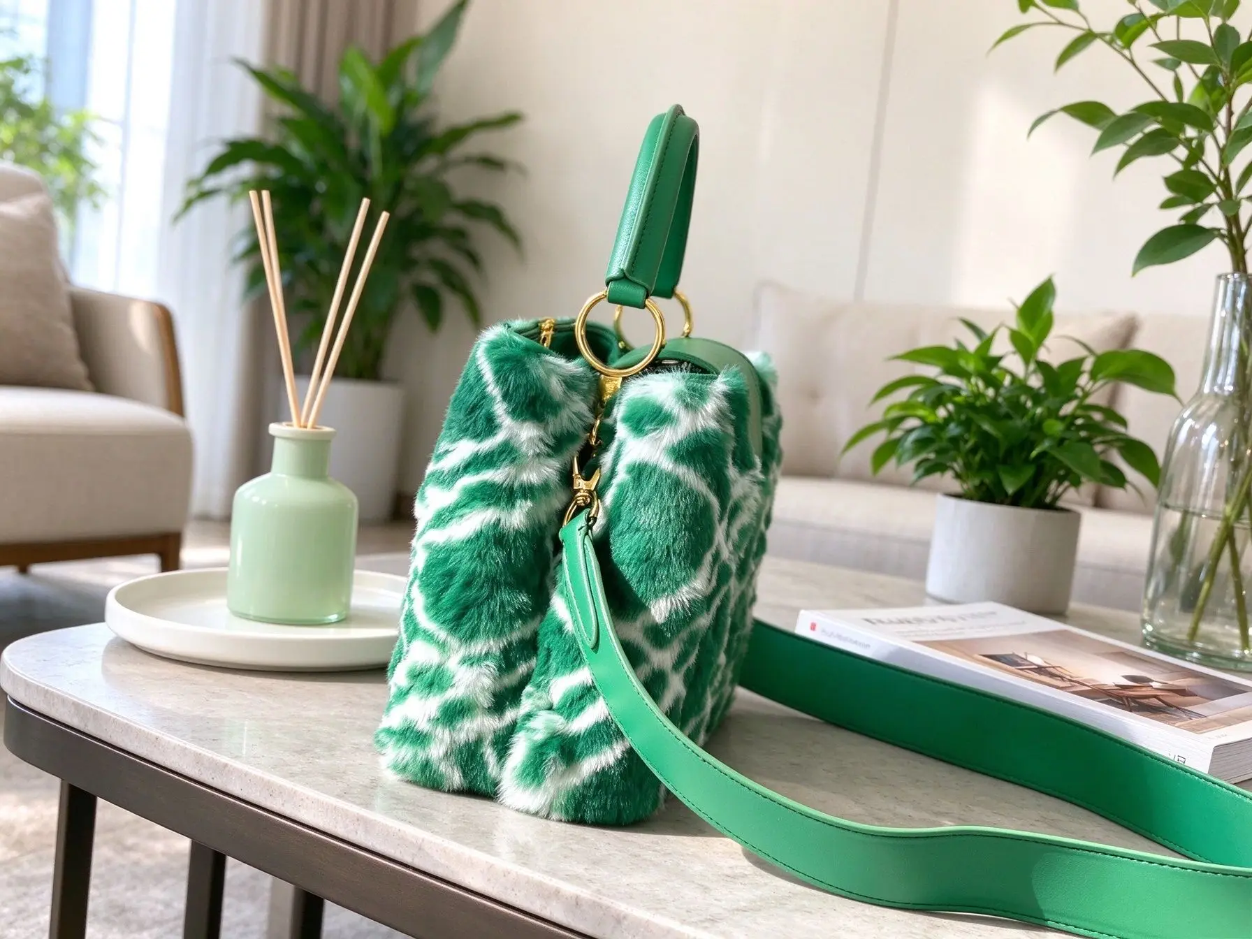 Chic Green White Printed Faux Fur Shoulder Bag For Women Fluffy Furry Top Handle Crossbody Daily Handbag