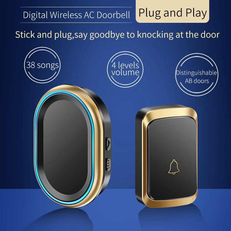 CACAZI  Outdoor Wireless Doorbell Waterproof Button Door Chime Kit Welcome Home Door Bell Intelligent 38 Ringtones 4 Volumes Hot