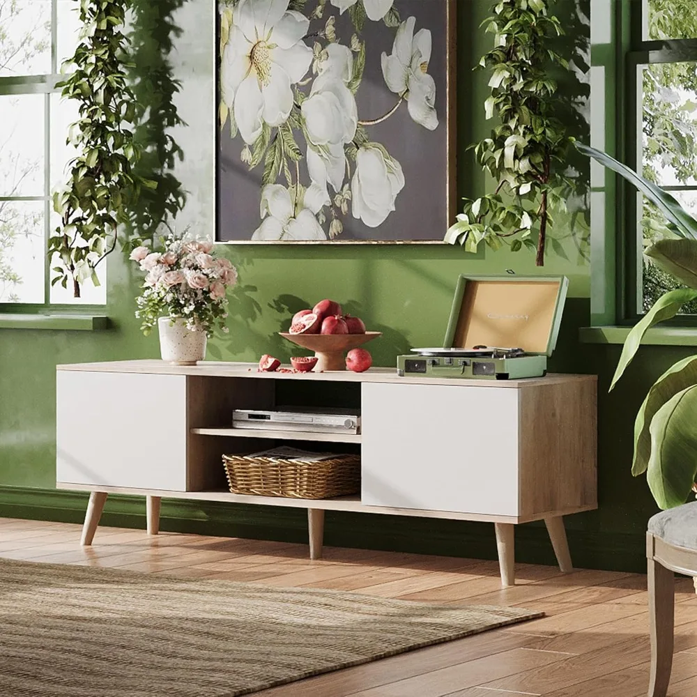 Boho Style Entertainment Center for 55-60 Inch TVs, Living Room TV Stand with Storage, Greige White