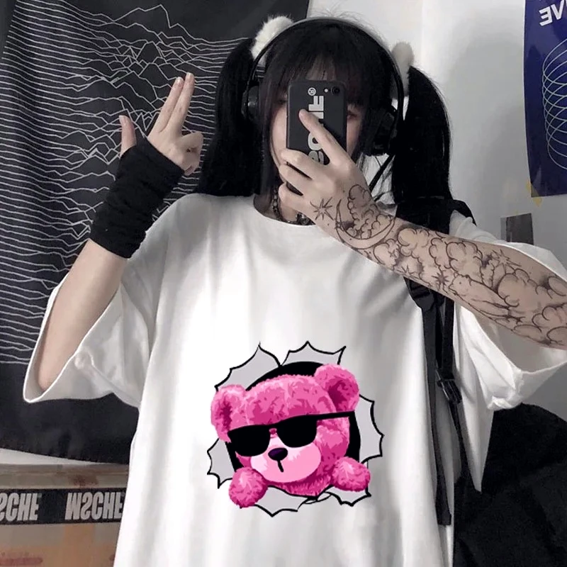 

Новая весенне-летняя дизайнерская футболка с милым мультяшным принтом медведя Тедди, женская одежда, повседневные топы для пар, модная повседневная футболка Y2k