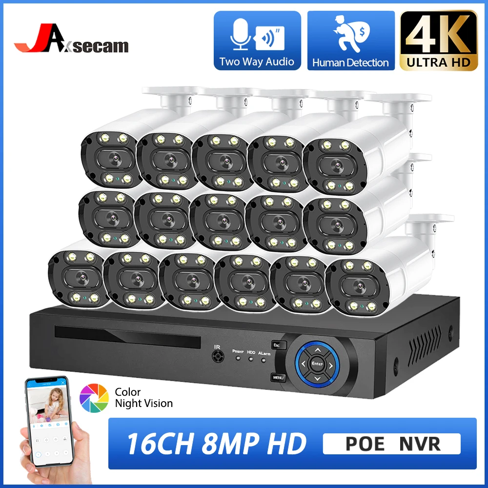 

4K POE Security Camera System 8MP Ultra HD 16CH NVR Two Way Audio Color Night Vision Outdoor CCTV Video Surveillance Cam Set