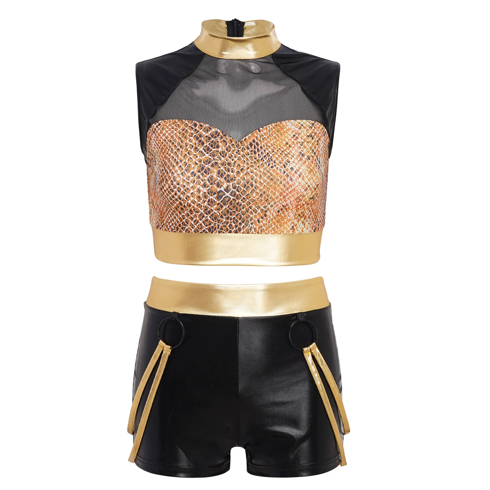 

Womens Dazzling Snake Print Outfits Set Sheer Mesh Crop Top And High Waist Shorts Metallic Clubwear for Disco Jazz Dance Party