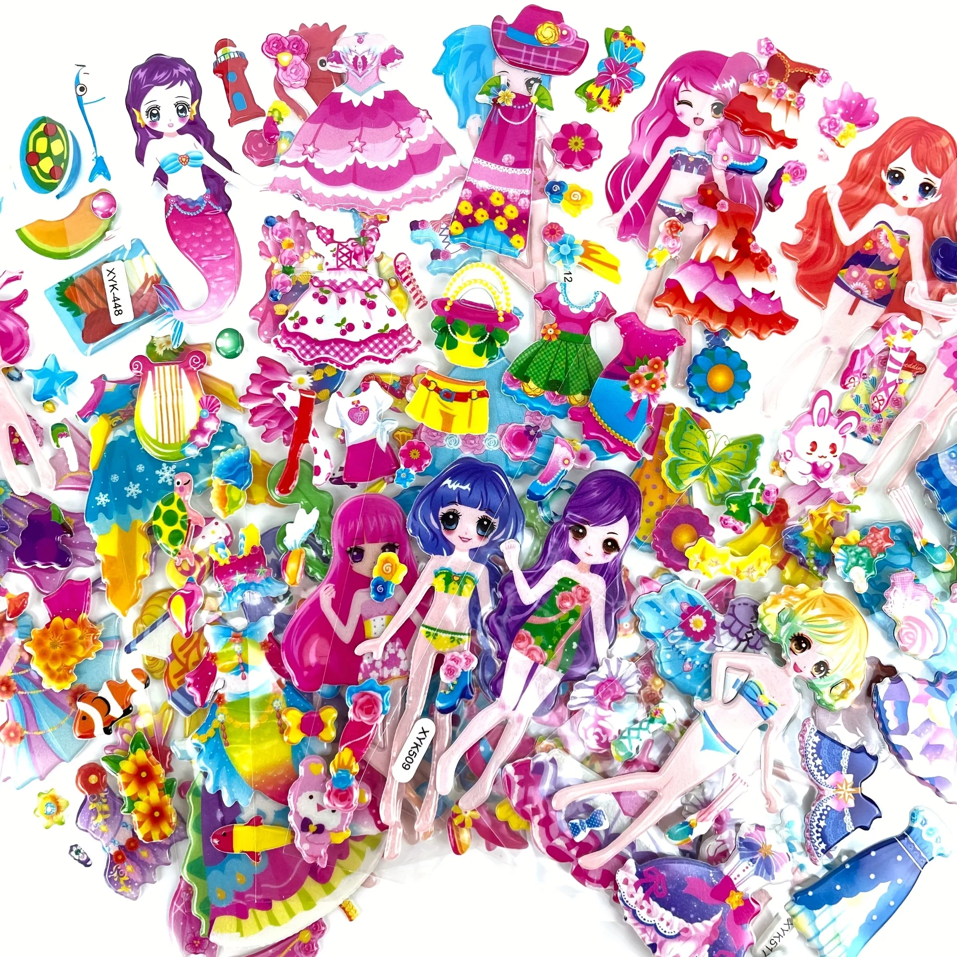 5 قطعة فتاة فستان ملصقات ثلاثية الأبعاد حوريات البحر الأميرة لطيف قابلة لإعادة الاستخدام منتفخ ملصقات DIY بها بنفسك الحرفية هدية عيد ميلاد ديكور الحفلات ZSY