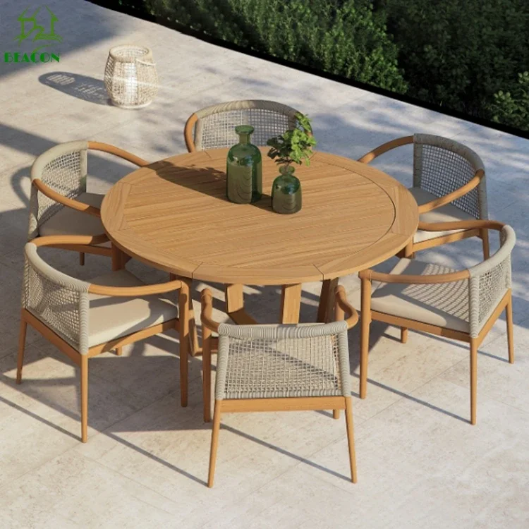 

Patio Teak Round Dining Table Set Wooden Modern Luxury Waterproof Garden Furniture 6 Seater Set Dinning Table And Chair