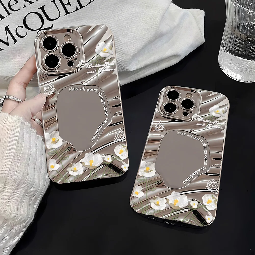Coque de téléphone miroir à motif argenté pour Apple iPhone 17 16 15 14 13 12 11 Pro Max Air – Étui de luxe élégant avec motif floral blanc frais