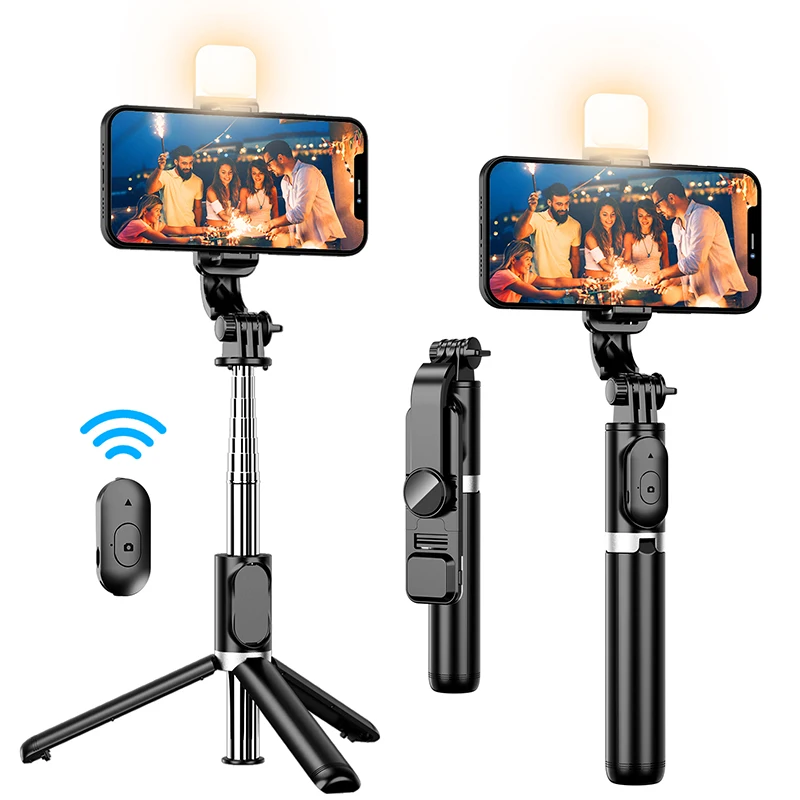 Q02S Foldable Wireless Selfie Stick Bluetooth Monopod with Remote Shutter Fill Light Mini Tripod for iPhone Huawei Ios Android