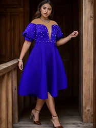 Robe trapèze bleue pour femme, grande taille, patchwork, maille, transparente, manches lanterne, perles, taille haute, midi, fête, peu importe 4XL