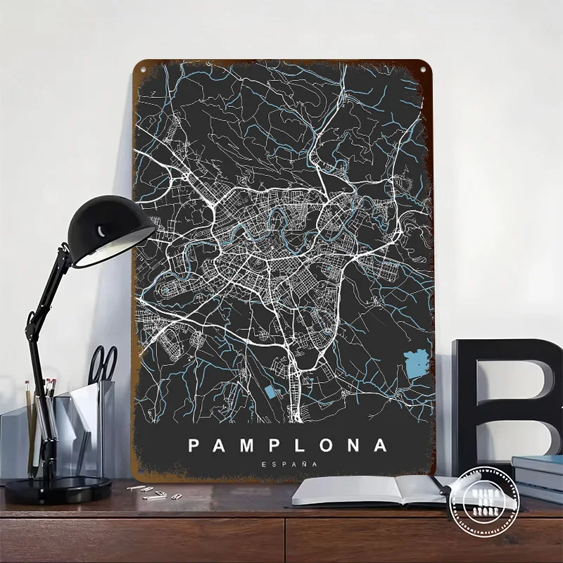 Pamplona Modern Home Decoration Ornaments Espa??a City Map 3D Texture Metal Poster Customized Wall Art Tin Sign Gift for Mancave