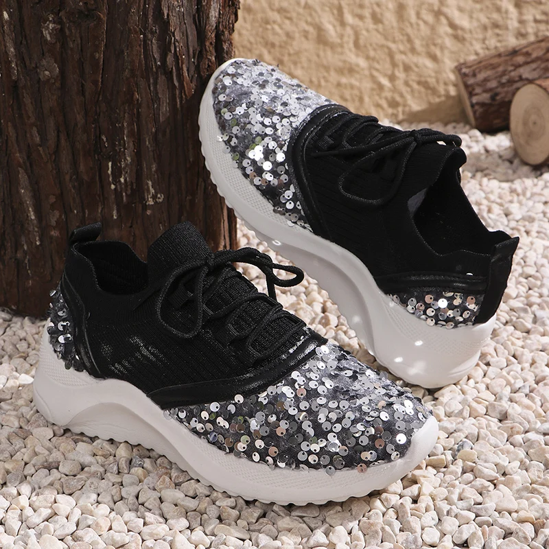 Tênis Bling Sequins para mulheres, calçados esportivos de malha respirável, sola macia feminina, sapatos casuais de salto plano, conforto, 2024