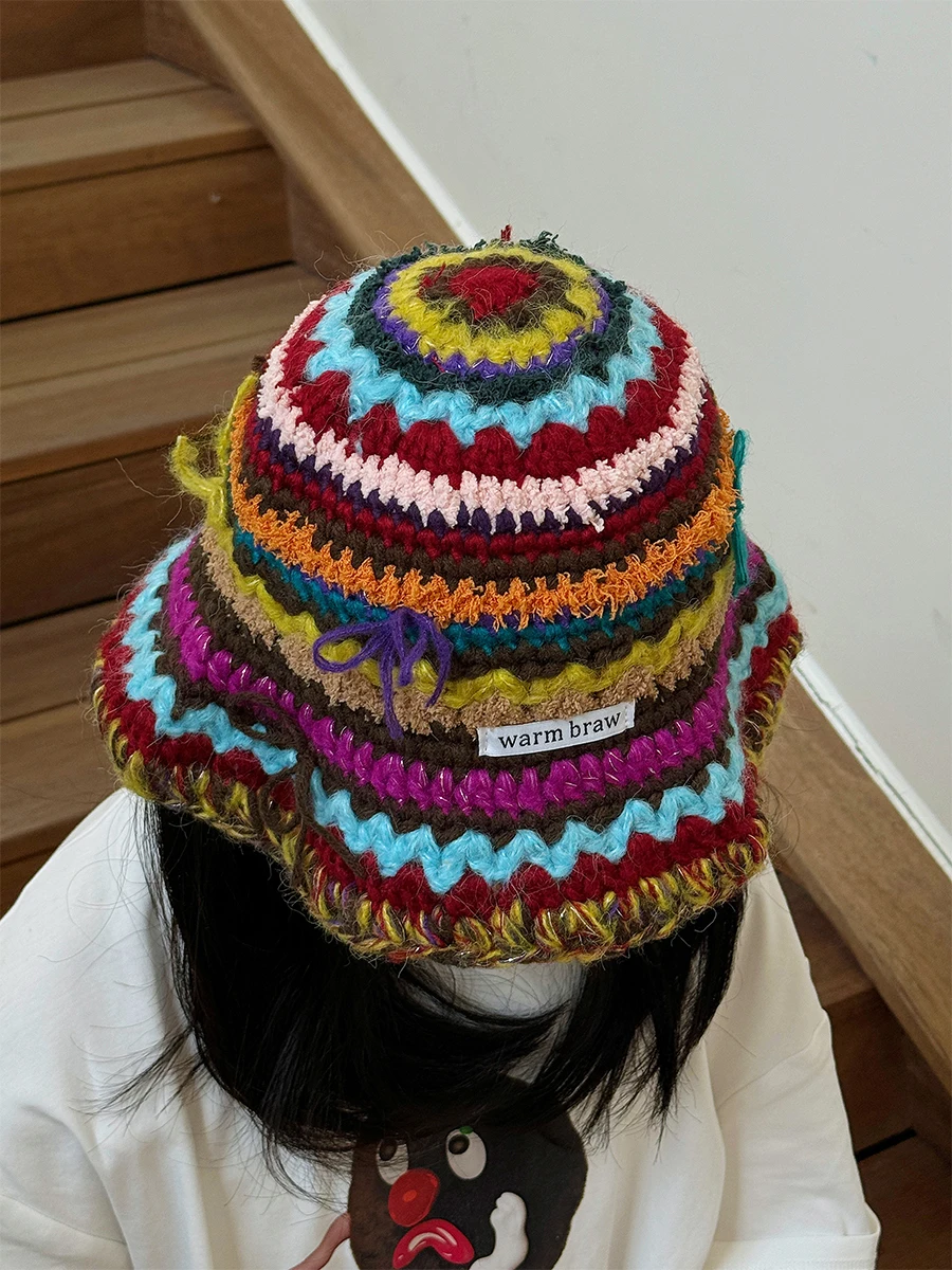 Trendy Mixing colors Knitted hat cotton New product Women's winter Ladies hat Soft and comfortable Cold proof thick Bucket cap