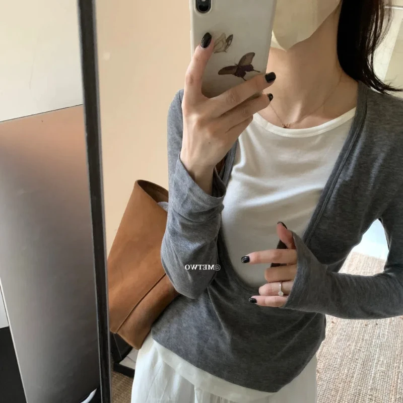 

Design Sense Grey Fake Two Slim Fit Long Sleeved T-shirt for Women with Round Neck and Inner Lining Bottom Top