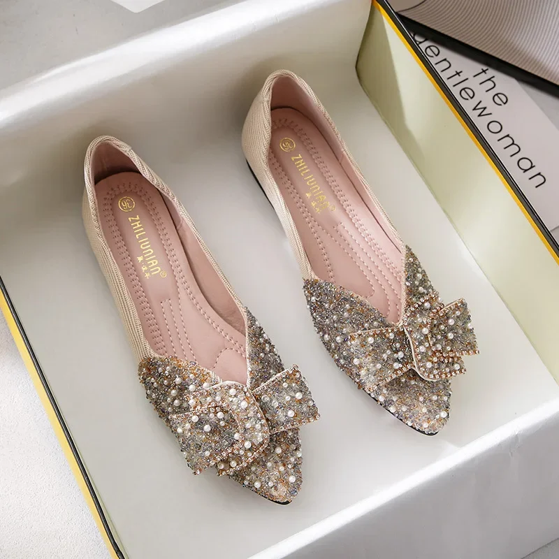 Women'sCasual Shoes Rhinestone Butterfly-knot Metal Decoration Pointed Toe Flat with Spring Shallow Mouth Rhinestone Women Shoes