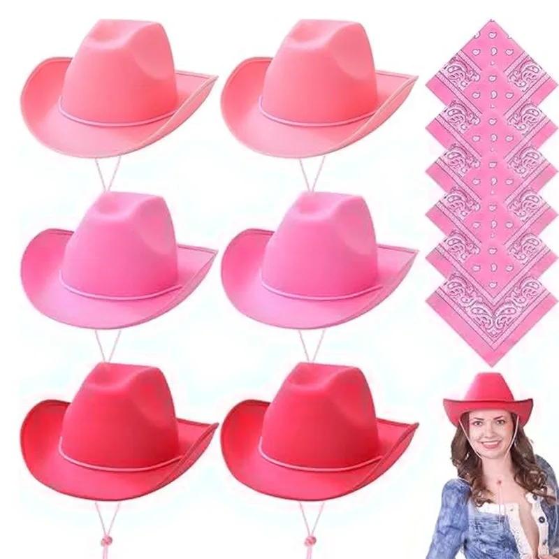 1-24Set Western Cowboy Hat Wide Brim Vintage Cowgirl Hat Wind Lanyard Classic West Cowboy Cap Halloween Party Cosplay Costume