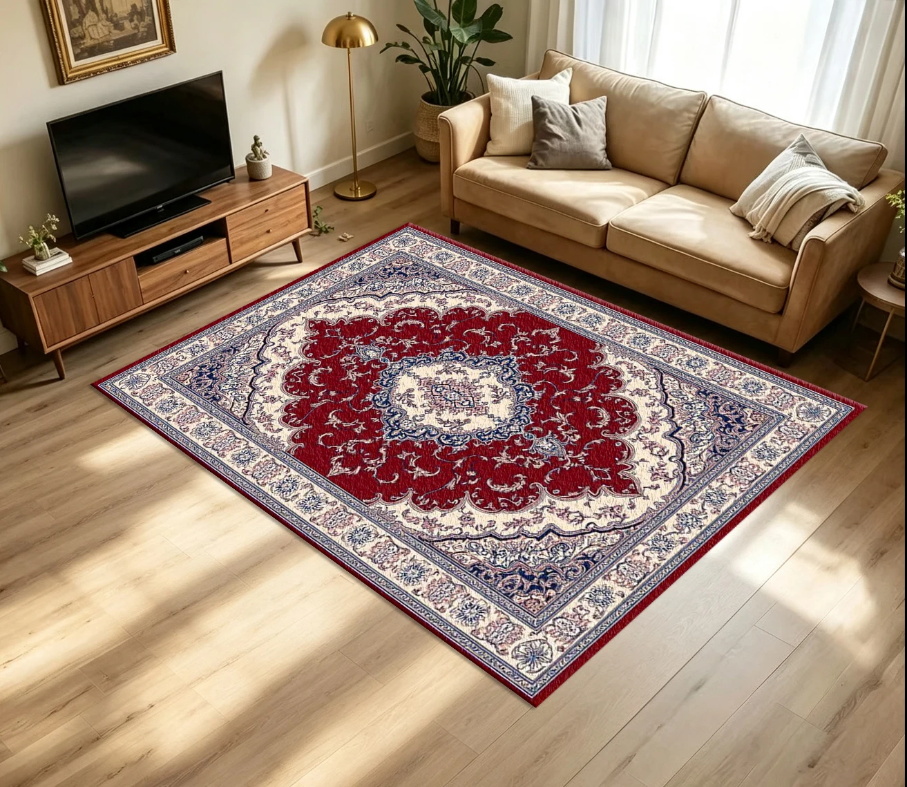 Luxury Red Blue Persian Medallion Carpet Flooring Traditional Oriental Rich Floral Border Printed Floor Rug for Household Living Space Home Decoration