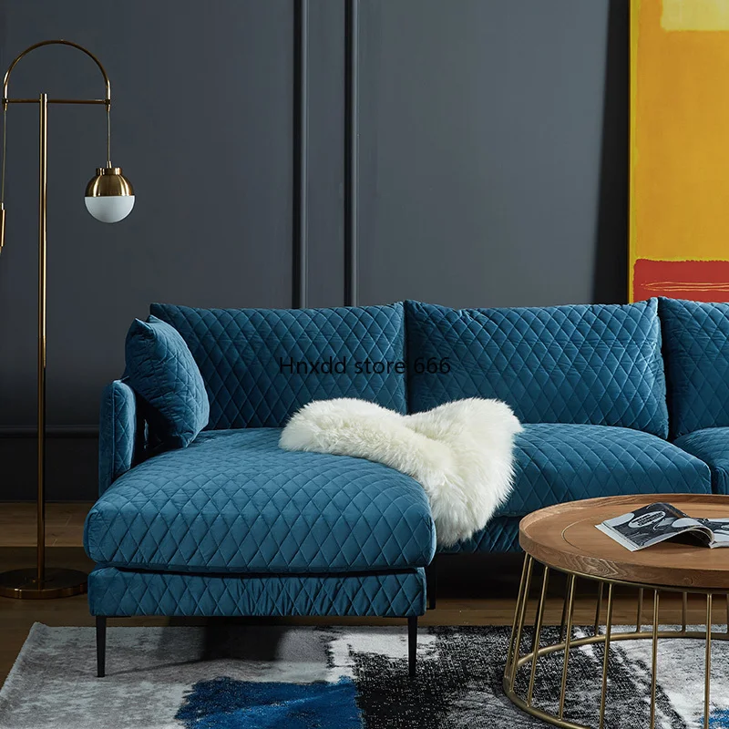 Eenvoudige Woonkamer Stof Ruit Raster Driepersoons Hoek Fluwelen Bank