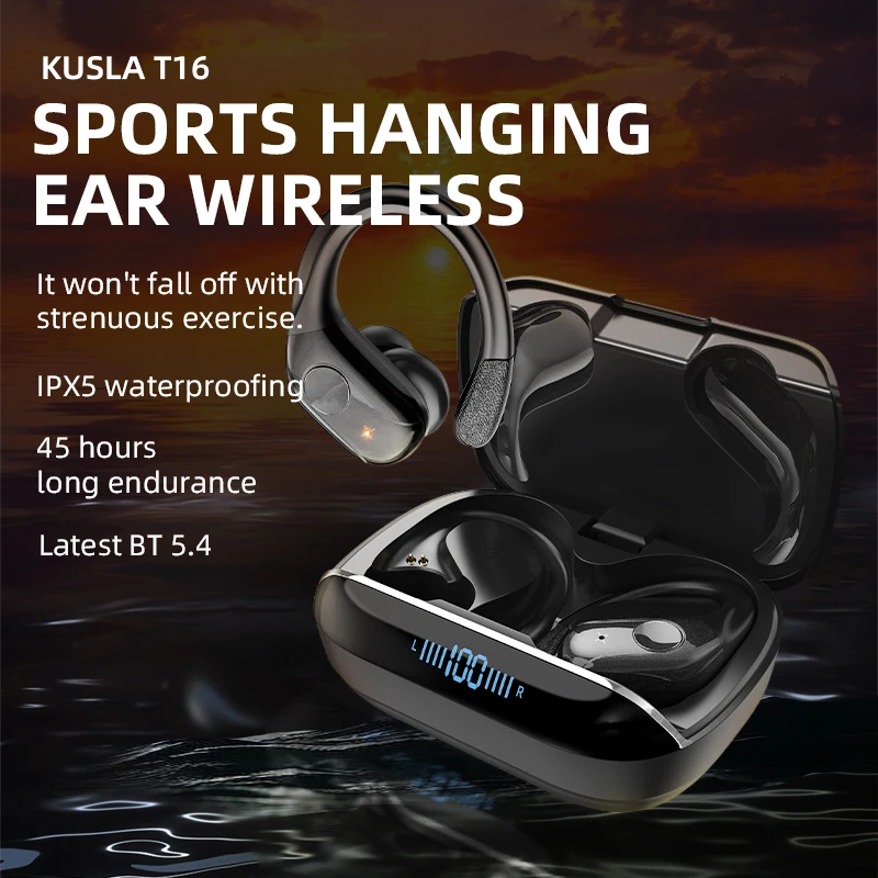 Bluetooth Headset Noise Cancelling Waterproof Sports Earphone Waterproof Digital Display Headphones Hanging Ear Earbuds