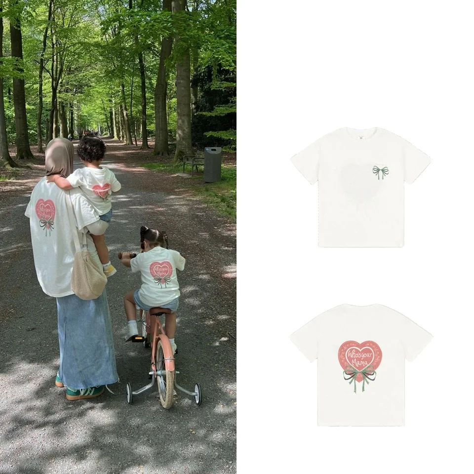 

Kids T Shirts 2024 Summer New Cotton Heart Print Tee Parent-Child Outfit Boys Girls Cute T Shirts Tops Mom Children T-shirt Clot
