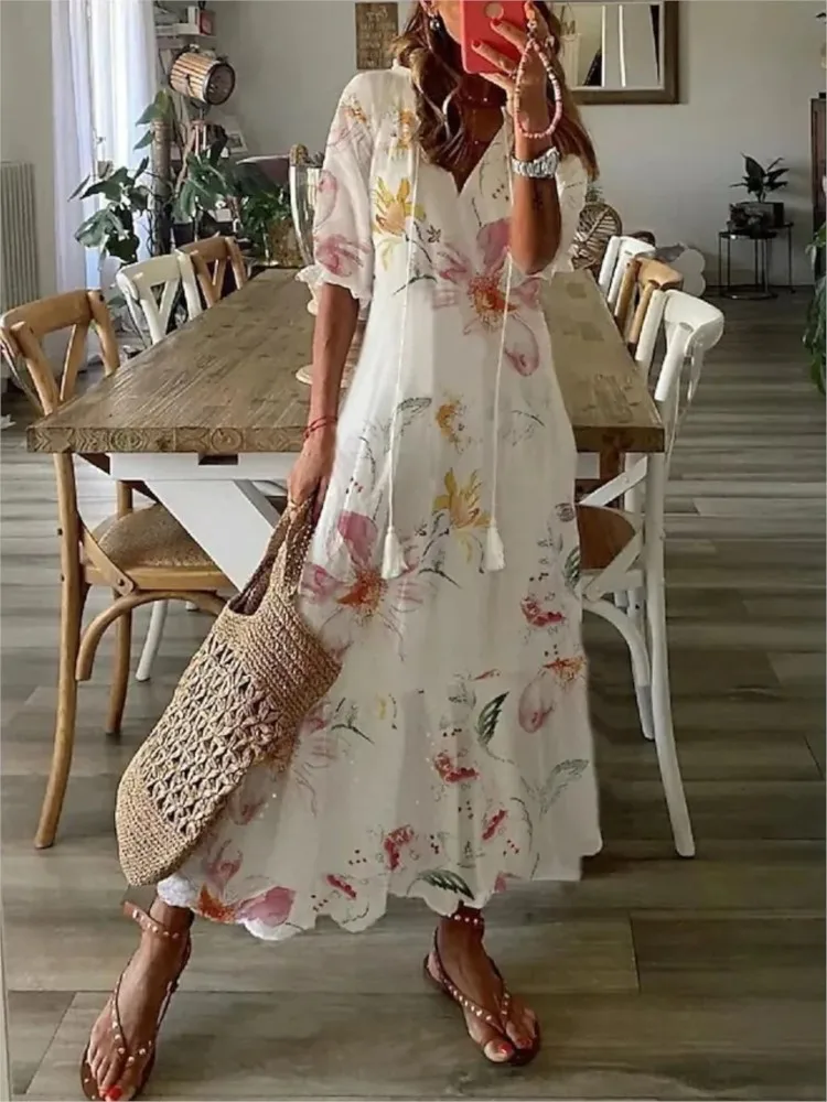 Women\'s 2024 Spring Summer New Casual Sweet Loose Sexy V-neck Fashion Printed Hanging Beard Middle Sleeve Long Dress