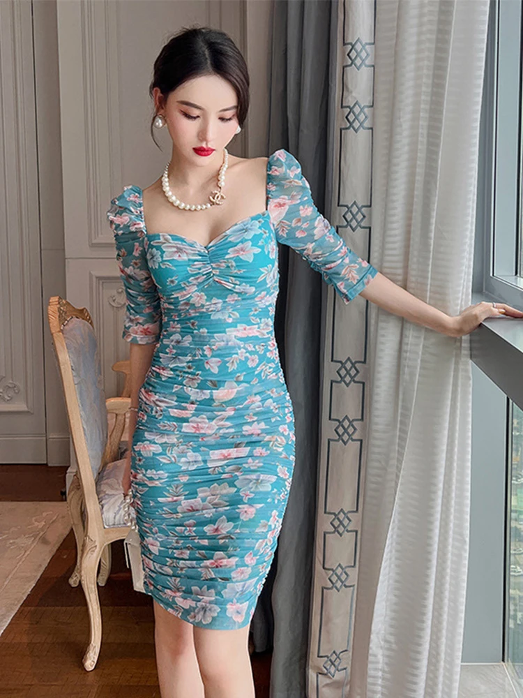 Women's Sexy Holiday Mini Dress Elegant Gentle Blue Mesh Floral Pleated Bodycon Short Gown Club Vestidos Party Robe Coffee Break