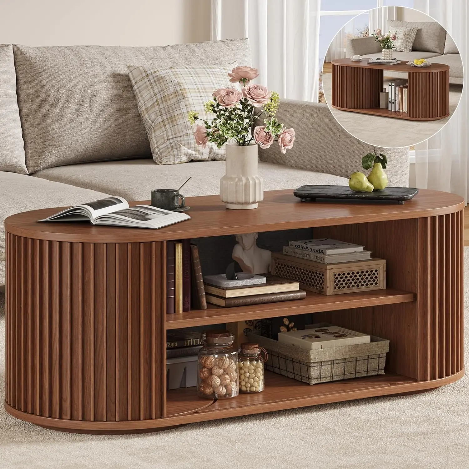 

Овальный журнальный столик с местом для хранения, 47-дюймовый рифленый журнальный столик с поворотом на 360° ° Изогнутая раздвижная дверь, 4 формата отображения, на заказ