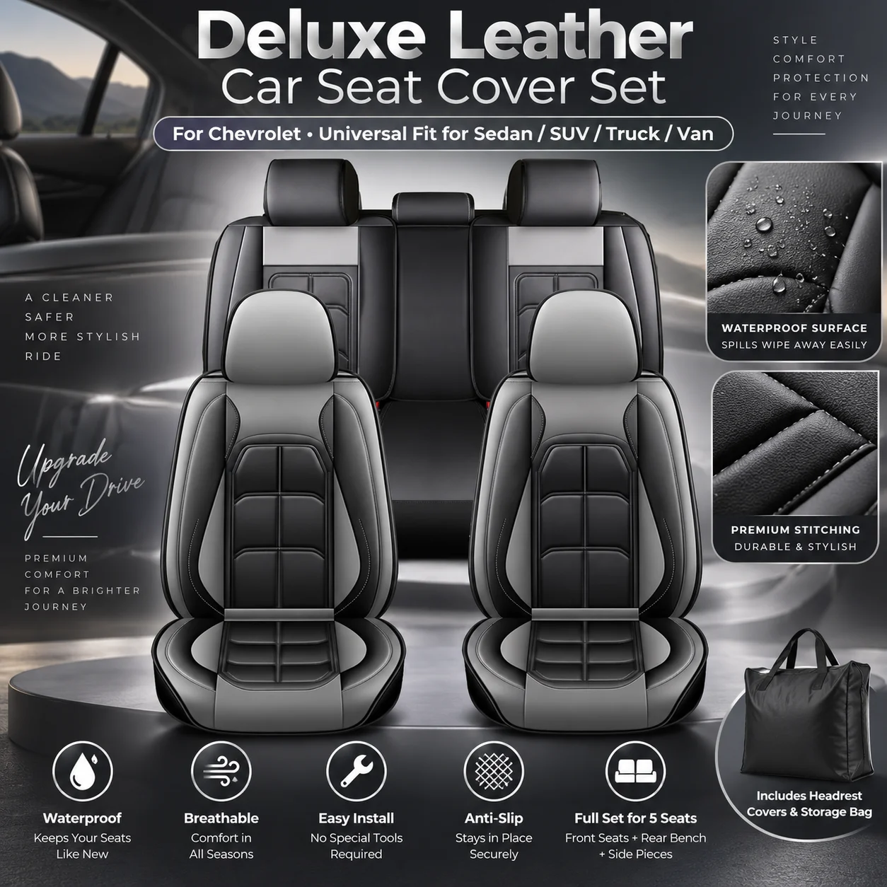 For Chevrolet Car Seat Cover Deluxe Leather Full Set 5 Seat Front Rear Protector Universal Fit For Sedan SUV Truck Van Auto Interior Accessories Waterproof Breathable Durable Easy Install Anti Slip Cushion Cover Set With Headrest Covers Storage Bag New