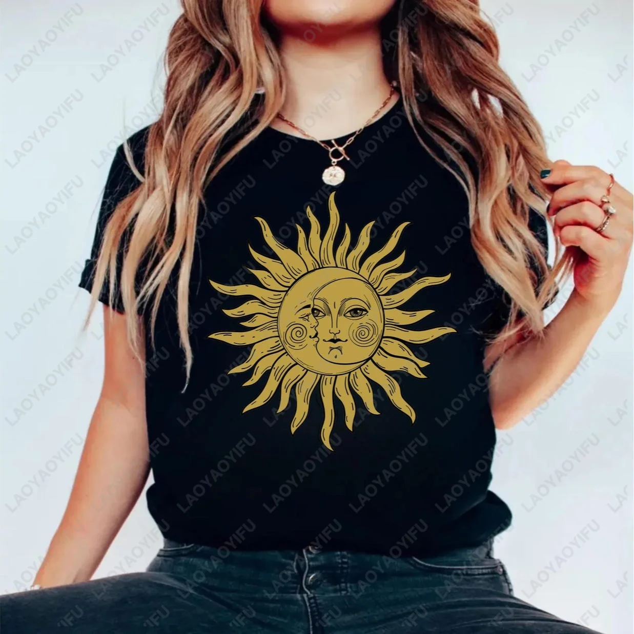 Camiseta con estampado gráfico de sol y luna, estilo bohemio vintage, informal, holgada, Harajuku Y2K, ropa para hombre y mujer