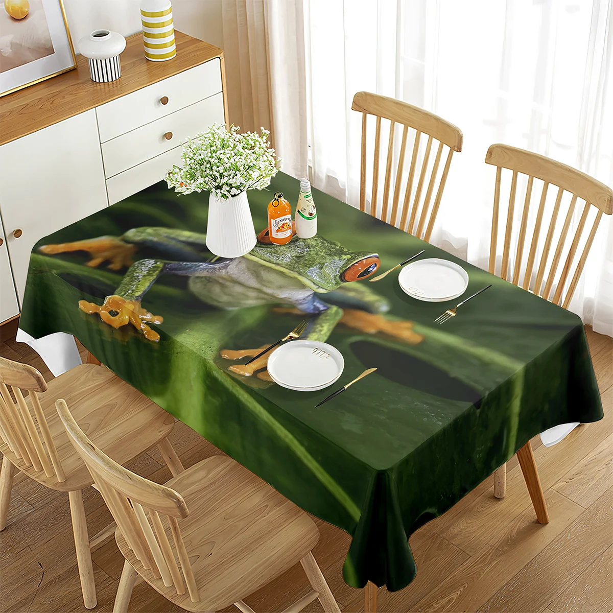 Frog Tablecloth Rectangular 2D Green Frog Plant Home Decor Tablecloth Living Room Dining Room Party Kitchen Banquet Decorations