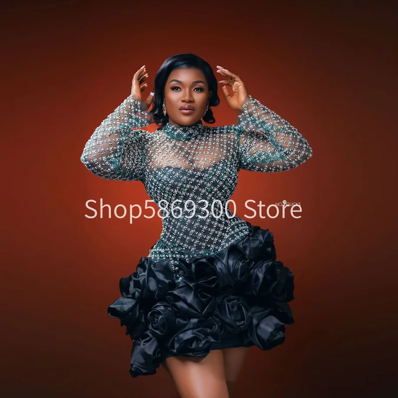 Black Sparkle 3D Flower Cocktail Dress Full Sleeves See Through Party Gowns Short Black Floral Illusions Prom Dresses