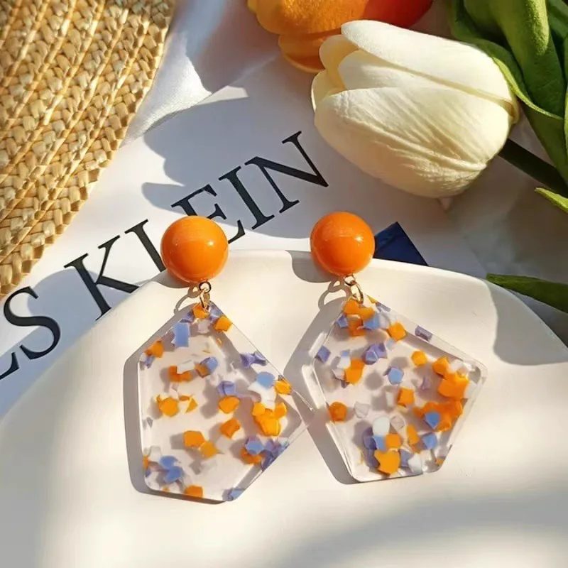 Earrings Orange Floral Transparent Resin Irregular Lightweight Summer Fresh Cute Delicate Versatile Daily Jewelry for Women