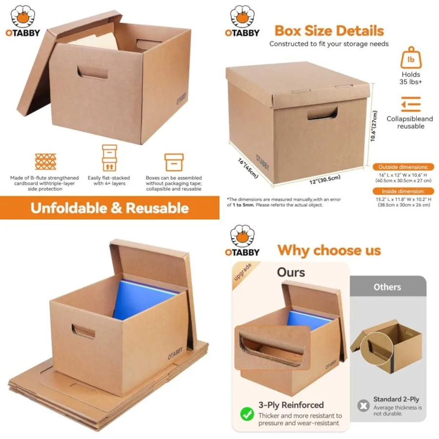 

Archival Storage Boxes 8-Pack - Extra Strong 3-Ply Side Walls, Heavy-Duty Kraft Board, Ready-To-Assemble with Handles and Lids