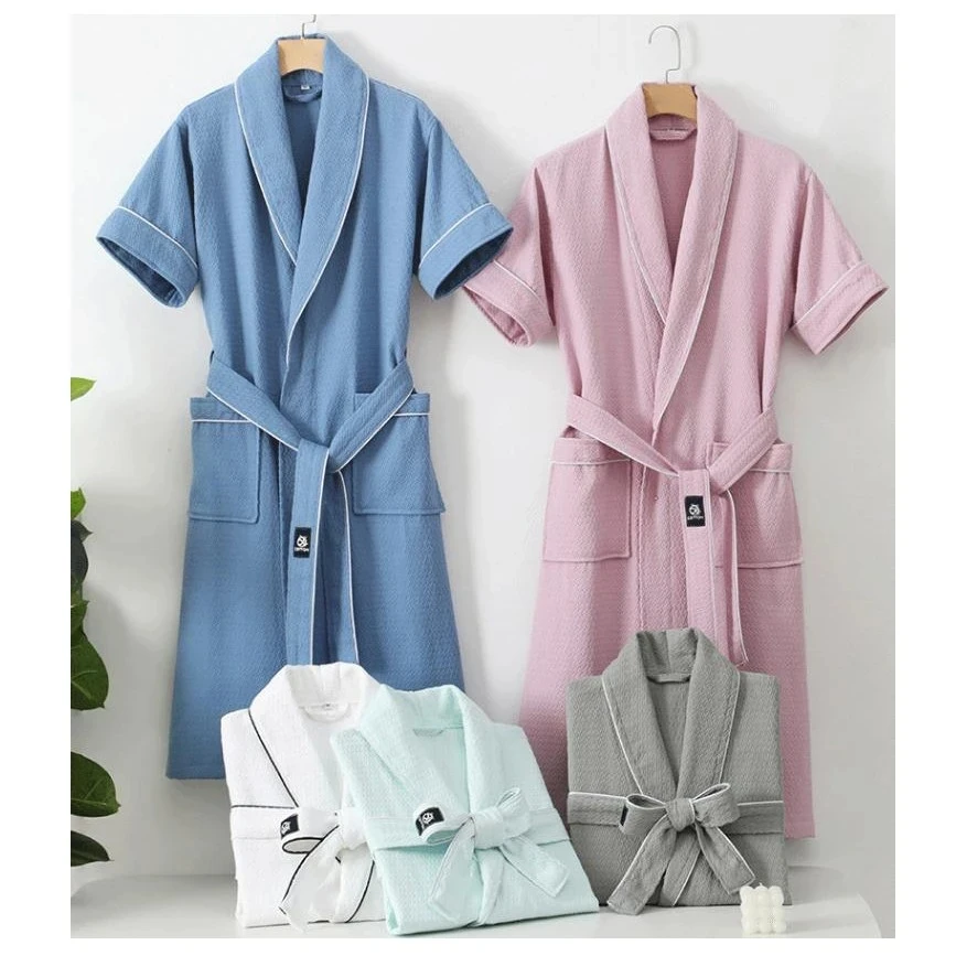 

100% Cotton Women Waffle Kimono Robes Short Sleeve Bathrobes wIth Belt Long Robes Bride Dressing Gown Nightwears for Ladies SPA