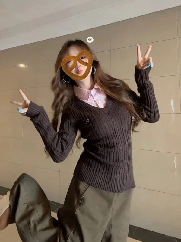 

Женская корейская модная вязаная кофта больших размеров с воротником, в стиле колор-блок, приталенная, осенне-зимняя, новая универсальная модель