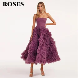 ROSAS Púrpura Elegante Hermoso Vestido de fiesta Tul Vestido formal sin tirantes con pliegues Vestido de noche de una línea con gradas Gamjuku ”. Anellitzo Personalizado
