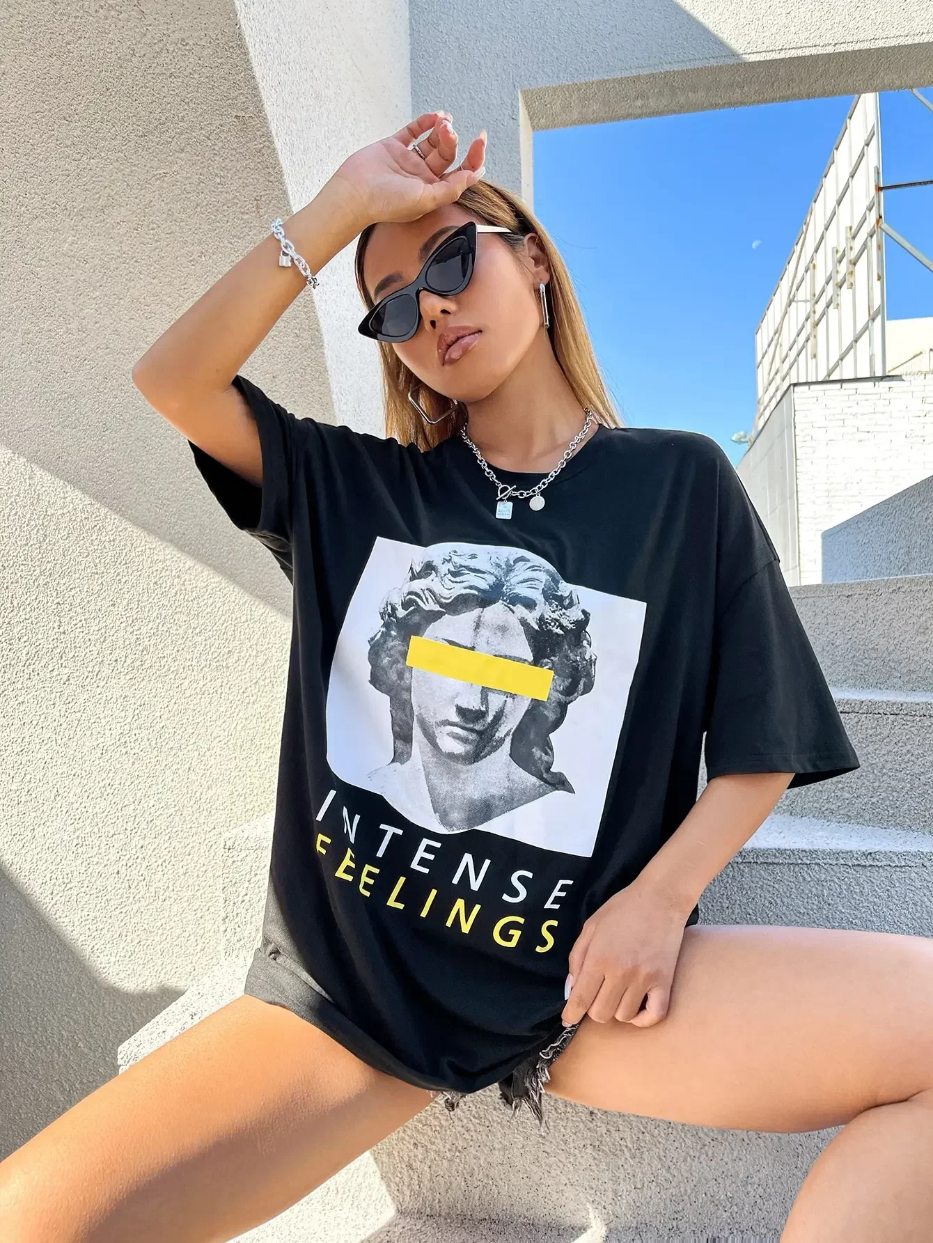 Intense Feelings Drop Shoulder Tee T-Shirts Women Loose High Quality Streetwear Hip Hop Top Y2k Oversize Tops Men T Shirts
