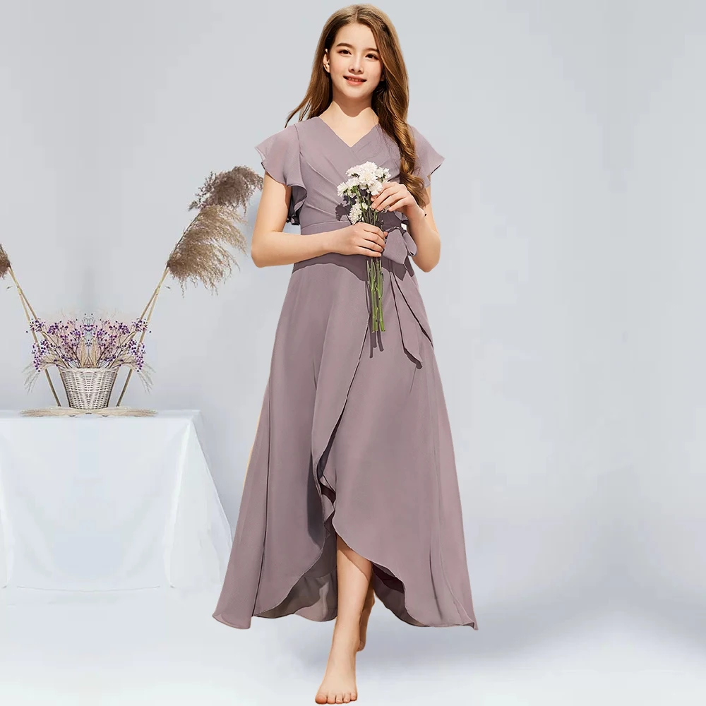 

A-line V-Neck Asymmetrical Chiffon Junior Bridesmaid Dresses With Bow Dusk Flower Girl Dress Summer Communion Guest Dresses