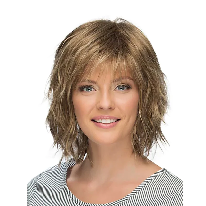 HAIRJOY Włosy syntetyczne Blond brązowe peruki dla kobiet Kręcone z grzywką Krótka peruka