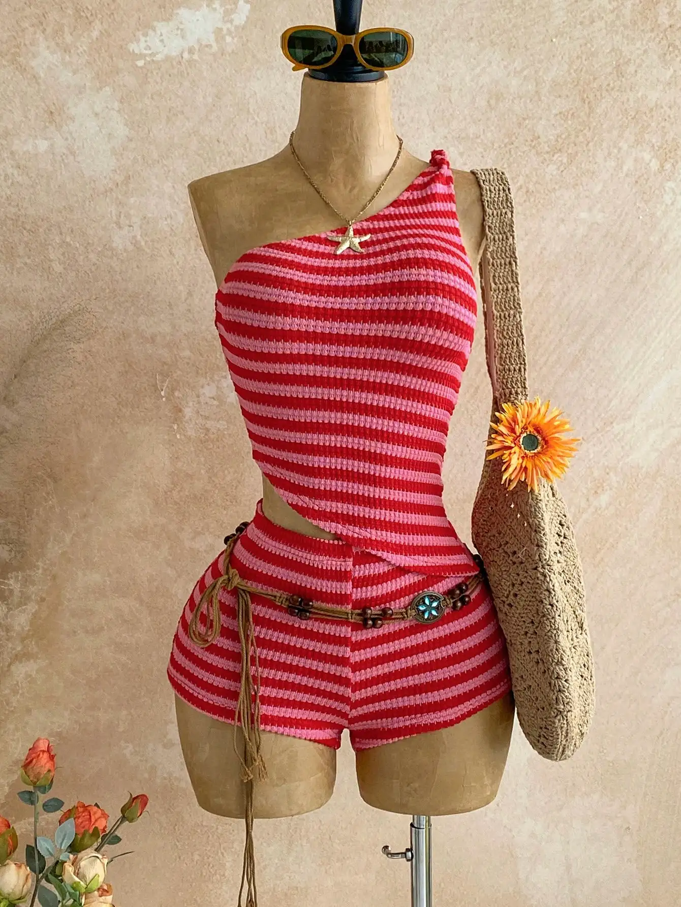 Women's Pink Striped Bohemian Two-Piece Set with One-Shoulder Tank Top & Hot Shorts, Summer Casual Outfit for Island Vacation