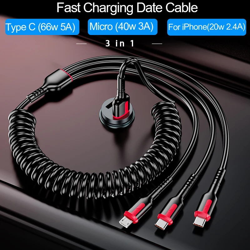 66W 5A Fast Charging Type C Cable 3A Micro USB Spring Car USB Cable For Xiaomi Redmi Samsung Realme Phone Accessories For iPhone