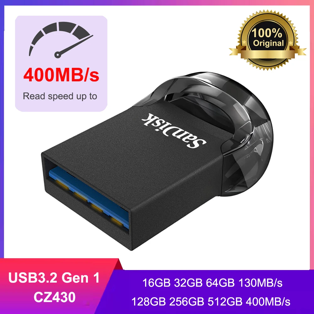 SanDisk Ultra Fit USB 3,2 unidad Flash CZ430 32GB-512GB mini ordenador cifrado de alta velocidad a prueba de golpes, unidad USB para coche de negocios