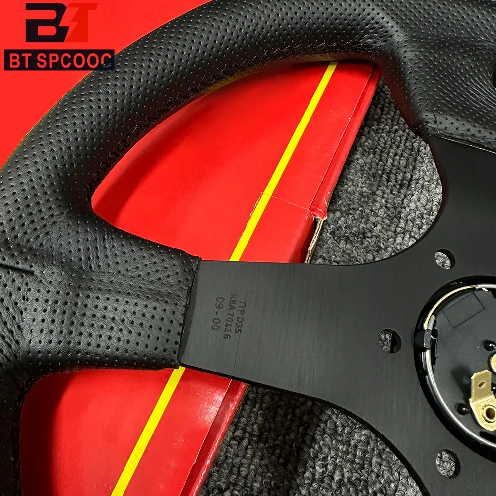 Blau-Gelb Genähtes Italien-Stil V1 Lenkrad Echtes Leder 14 Zoll 350mm Flach Italienische Rückseitengravur Racing Street Sport – Detail 6