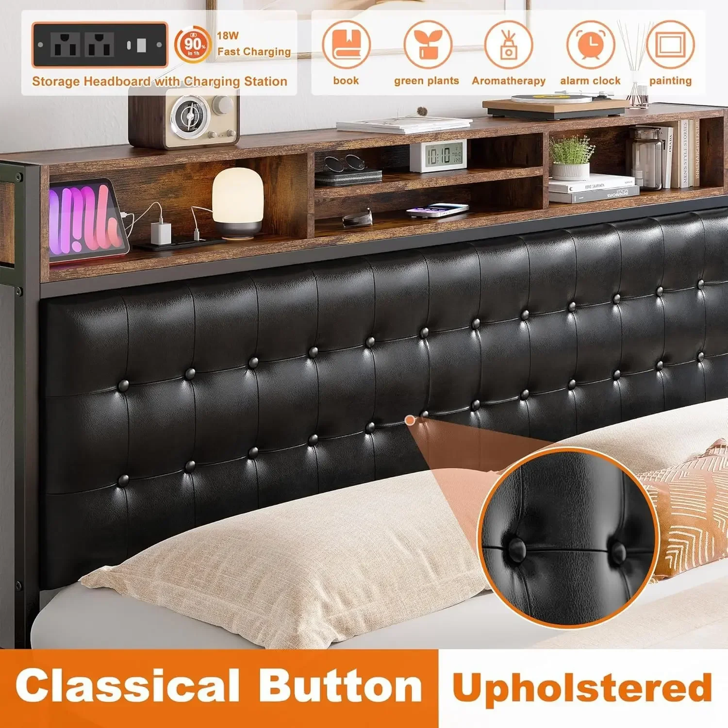 Queen Bed Frame with 4 Storage Drawers, Bed Frame Queen Size with Upholstered Headboard and Built in Charging Station